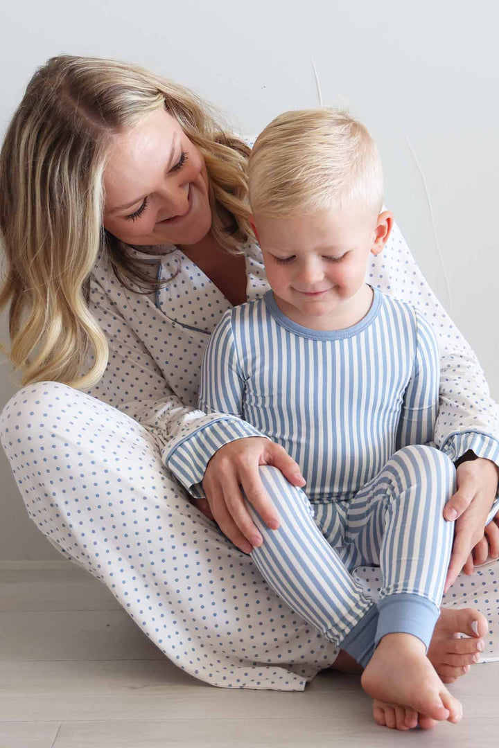 mom and son matching lounge and pajama sets with blue and white stripes and polka dots 