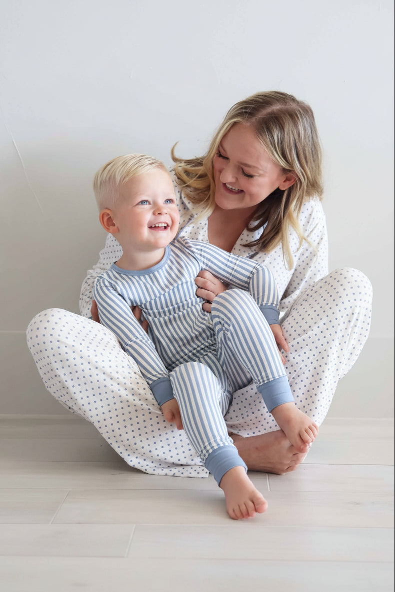 mom and son coordinating lounge and pajama sets with blue and white stripes and polka dots 