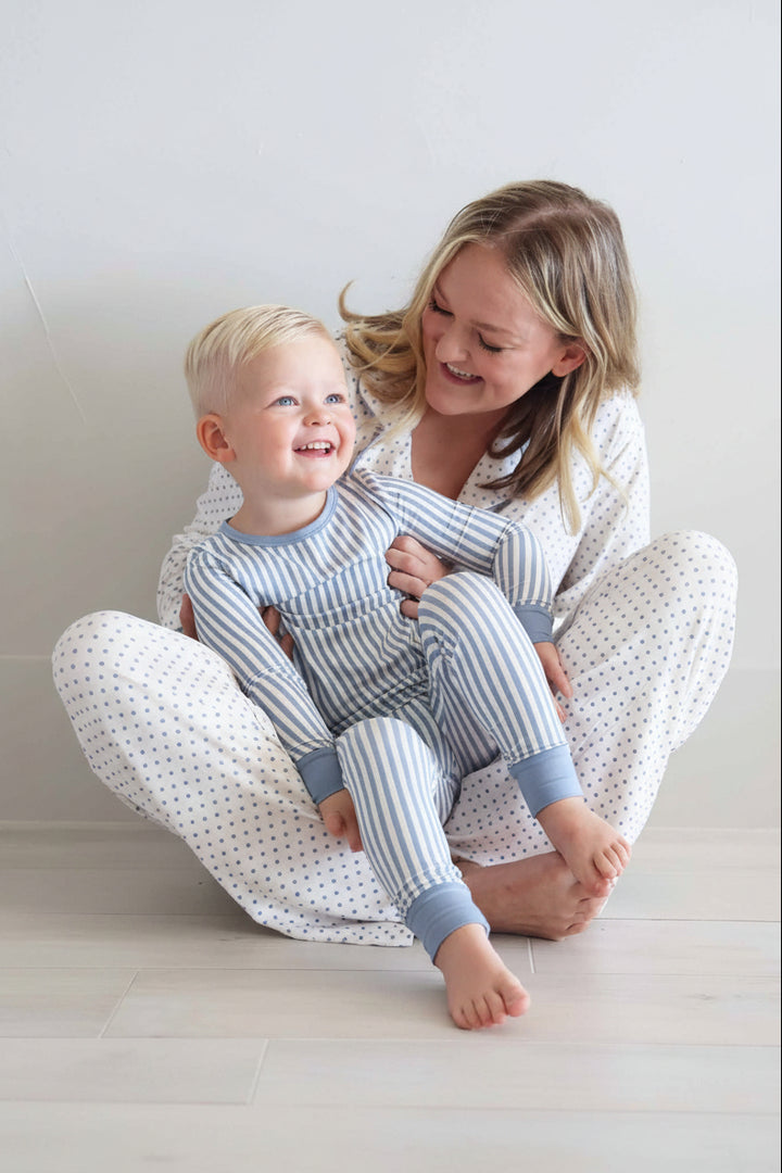 mom and son coordinating lounge and pajama sets with blue and white stripes and polka dots 