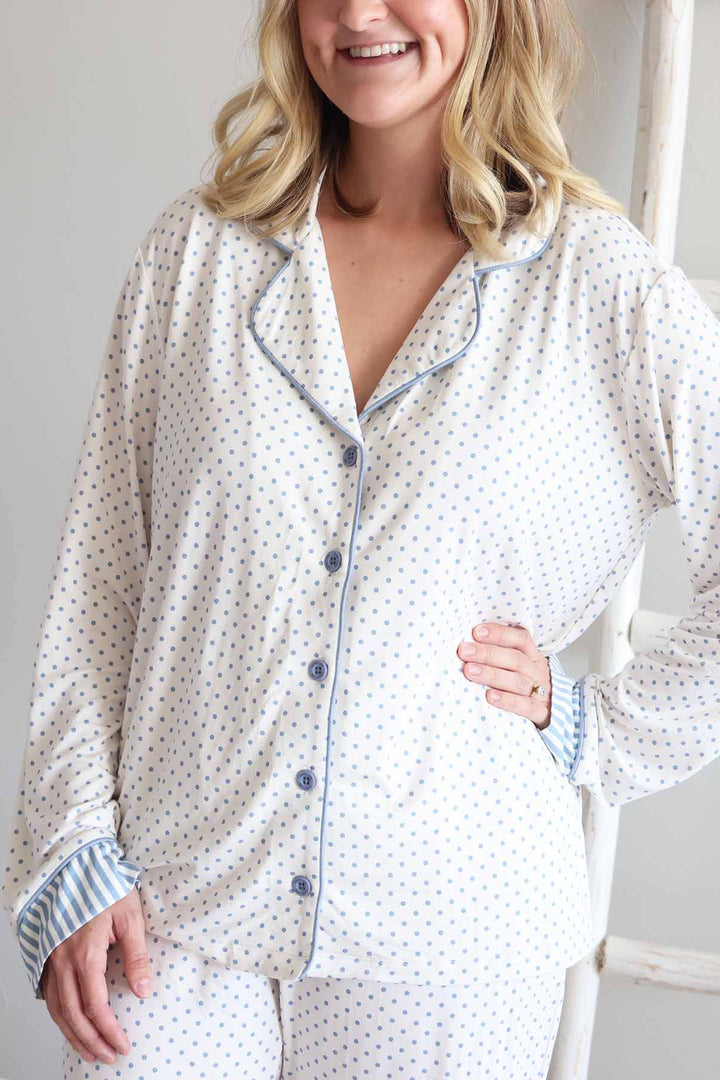 women's collared long sleeve button up shirt flare pant lounge set with polka dots and stripe sleeve detailing 