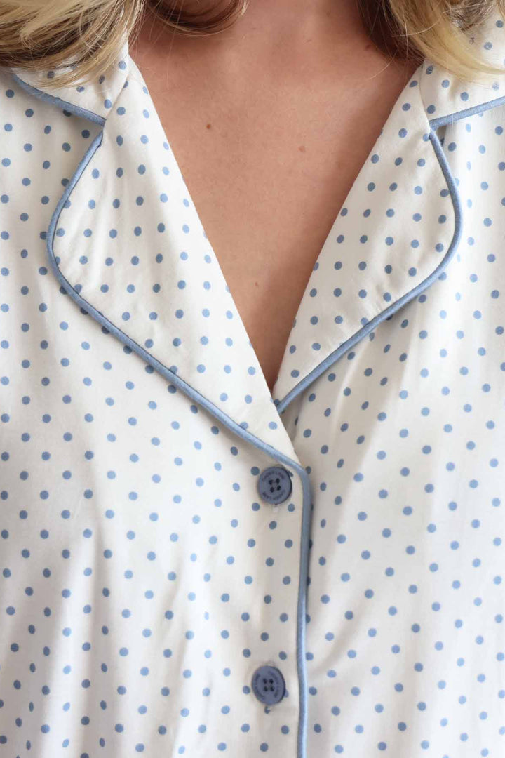 women's button up collared lounge set made of bamboo viscose white with blue polka dots and blue detailing 