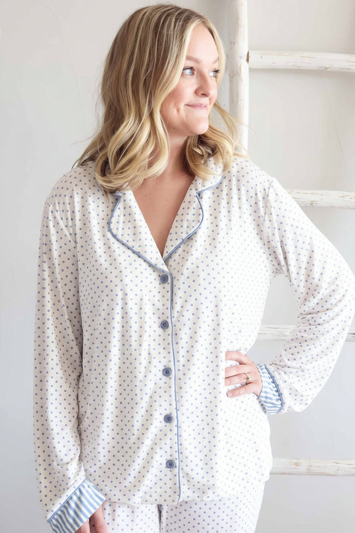 women's long sleeve lounge set white with blue polka dots and blue stripe sleeve details 