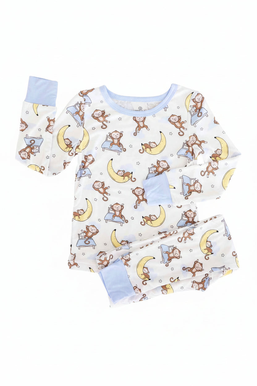 monkey jumping on bed and sleeping on banana moon two piece pajama set for kids 