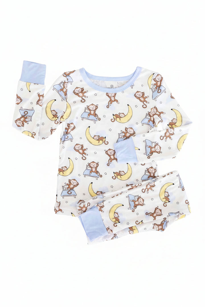 monkey jumping on bed and sleeping on banana moon two piece pajama set for kids 