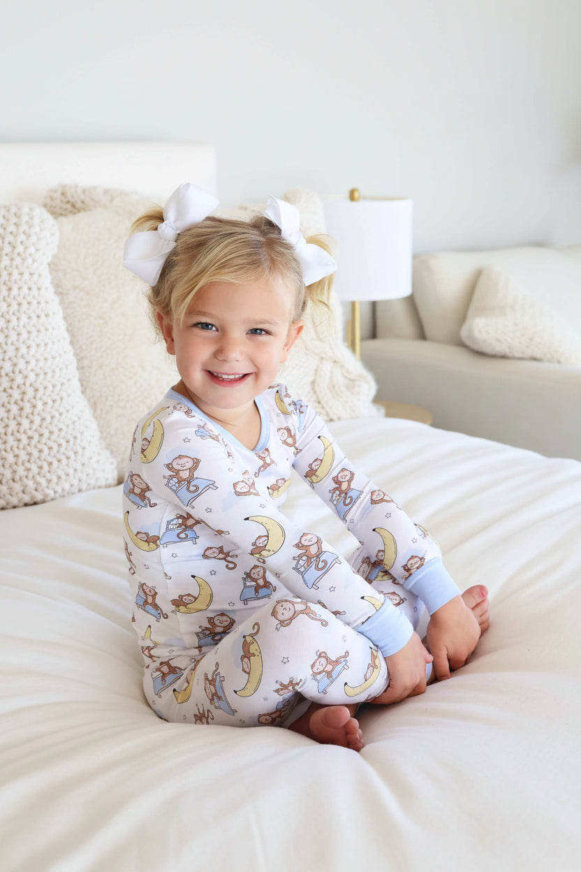 monkey see, monkey snooze kids two piece pajama set 