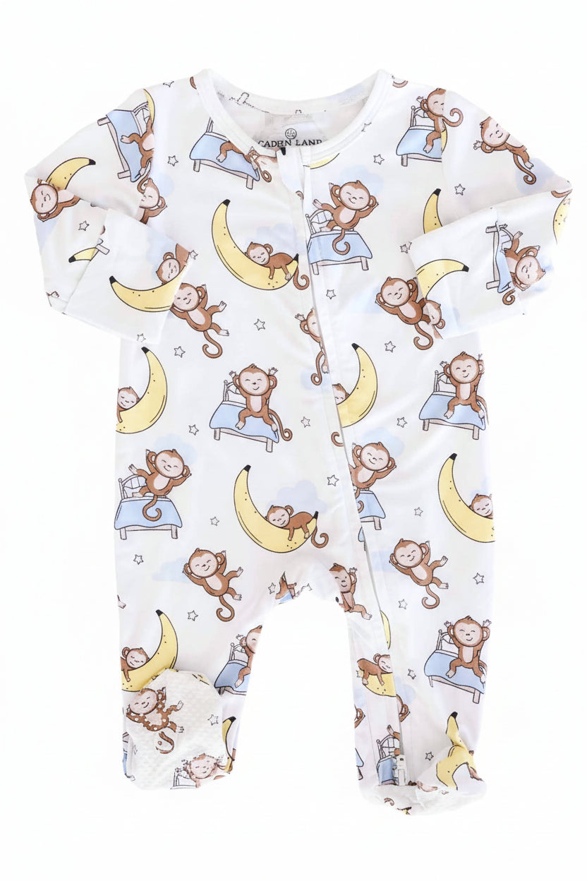 baby zipper footie with monkeys sleeping on beds and banana moons 