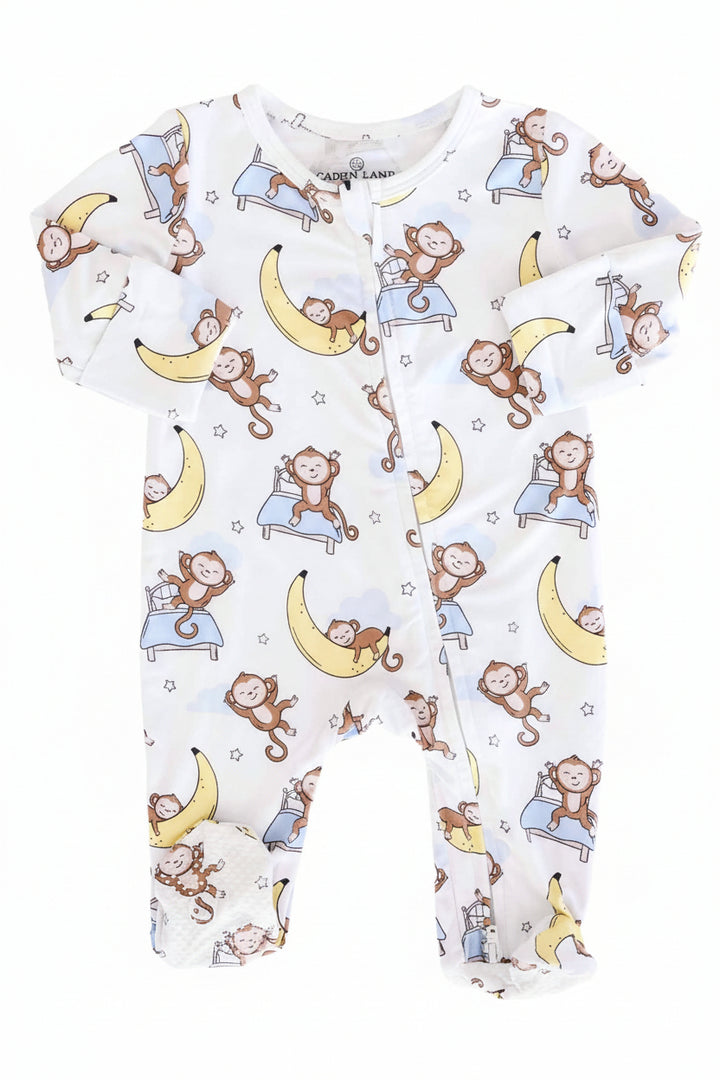 baby zipper footie with monkeys sleeping on beds and banana moons 