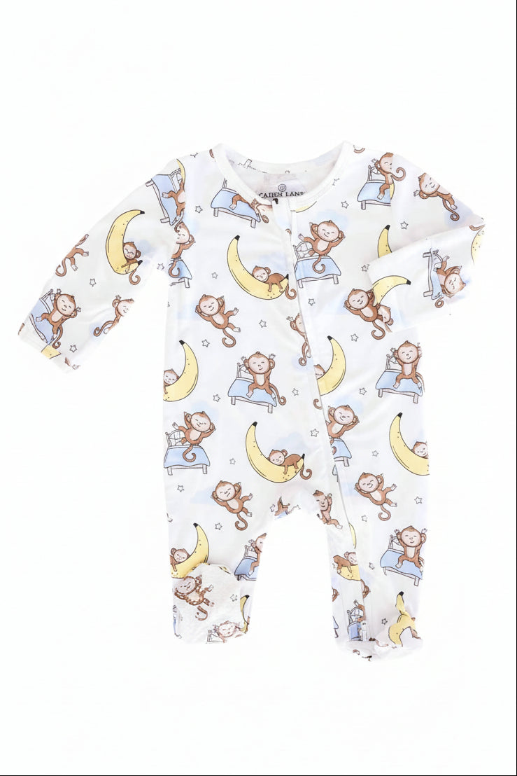 monkey see monkey snooze white, yellow, blue and brown bamboo viscose zipper footie for babies 