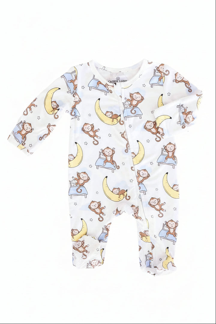 monkey see monkey snooze white, yellow, blue and brown bamboo viscose zipper footie for babies 