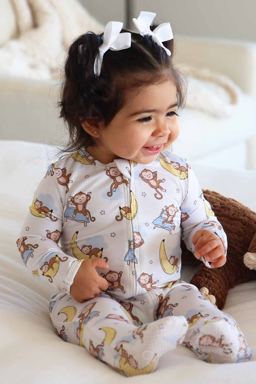 gender neutral monkey see, monkey snooze bamboo viscose double zipper footie for babies