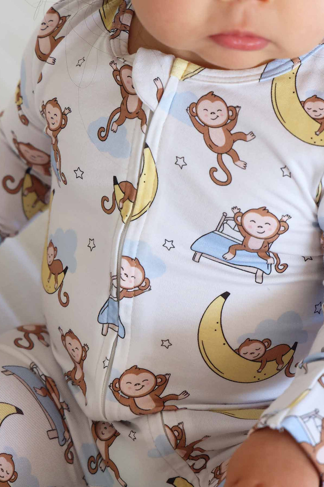 monkey and banana moon bamboo viscose zipper footie for babies 