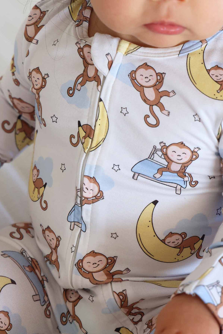 monkey and banana moon bamboo viscose zipper footie for babies 