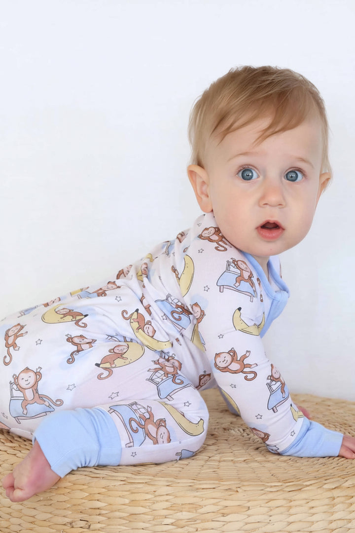 monkey see, monkey snooze convertible zip romper pajama for babies and toddlers 