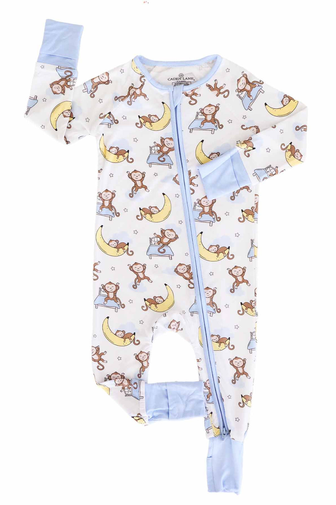 baby zip romper with monkeys sleeping on beds and banana moons 