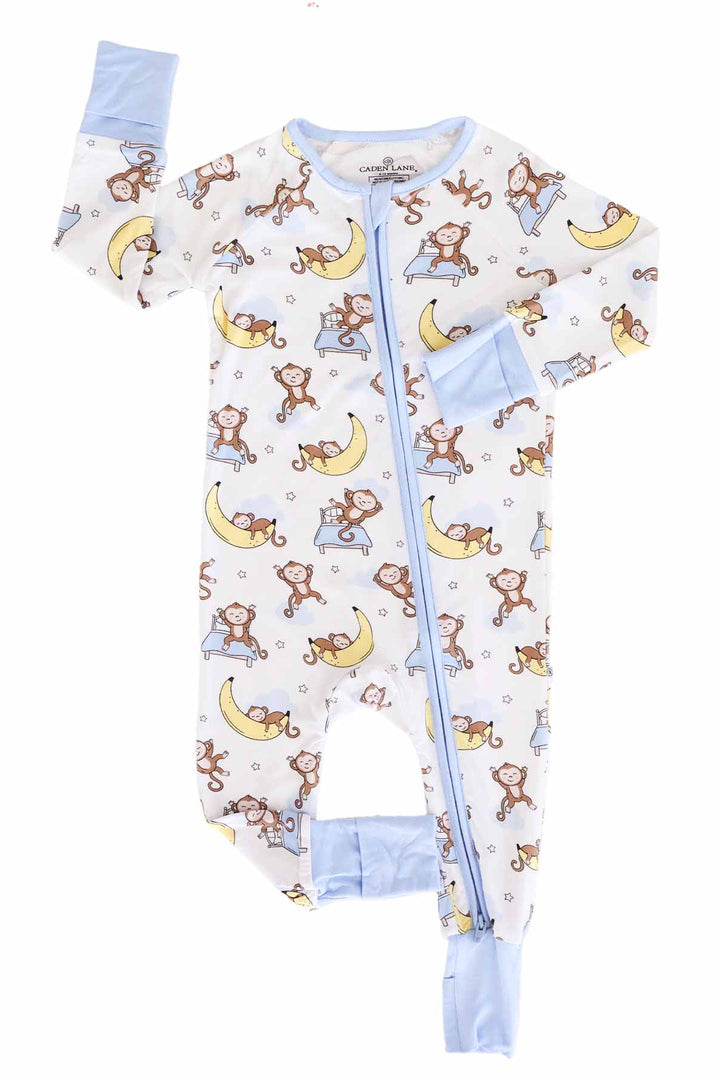 baby zip romper with monkeys sleeping on beds and banana moons 
