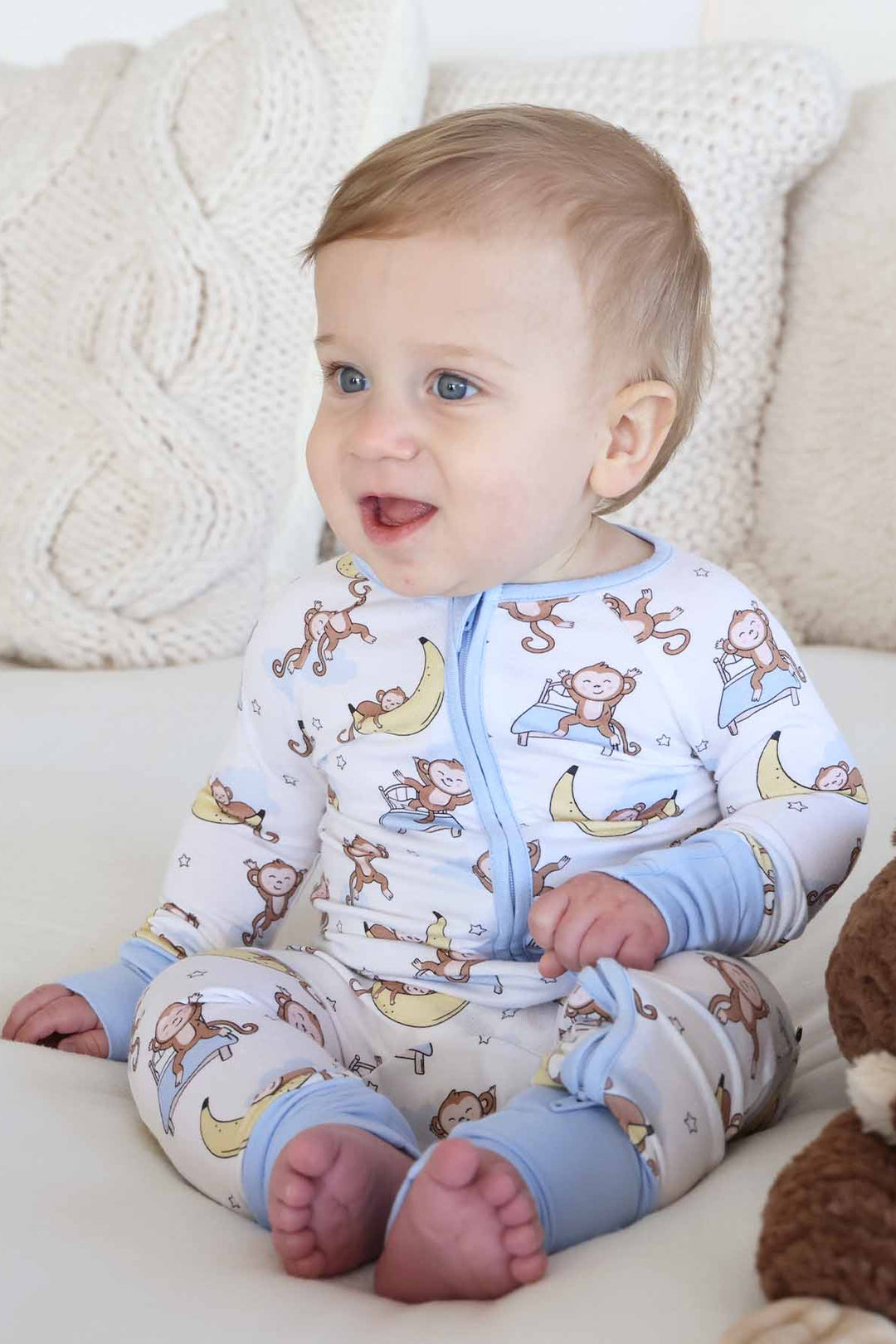 baby  monkey and banana bamboo viscose convertible zip romper 
