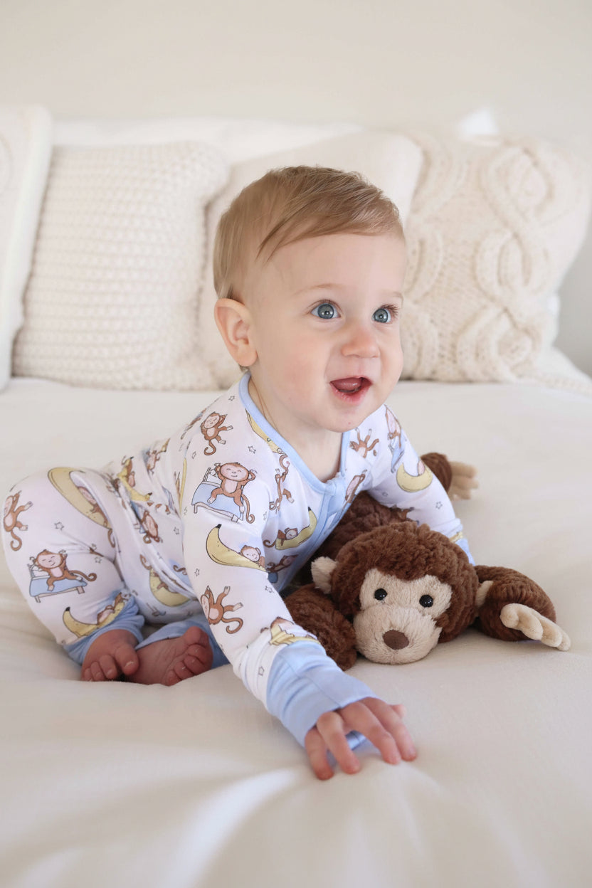 monkey see, monkey snooze bamboo convertible zip romper pajama for babies and toddlers 