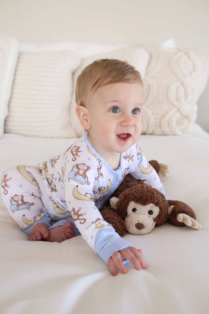 monkey see, monkey snooze bamboo convertible zip romper pajama for babies and toddlers 