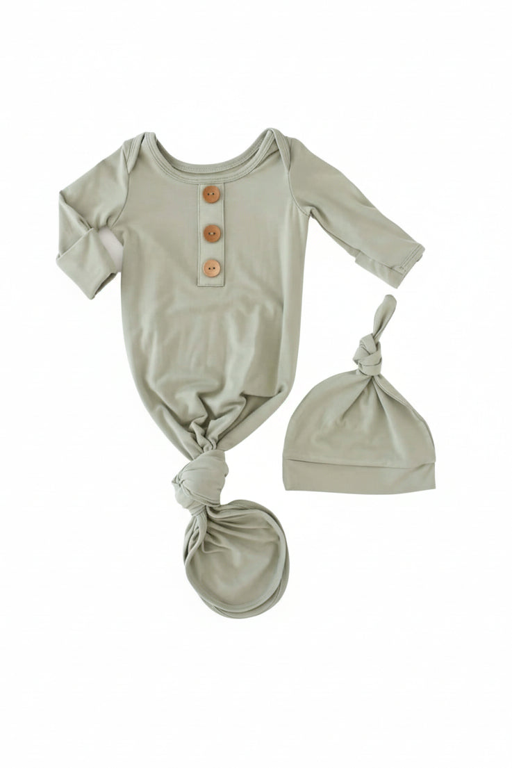 moss green newborn knot gown and hat set 