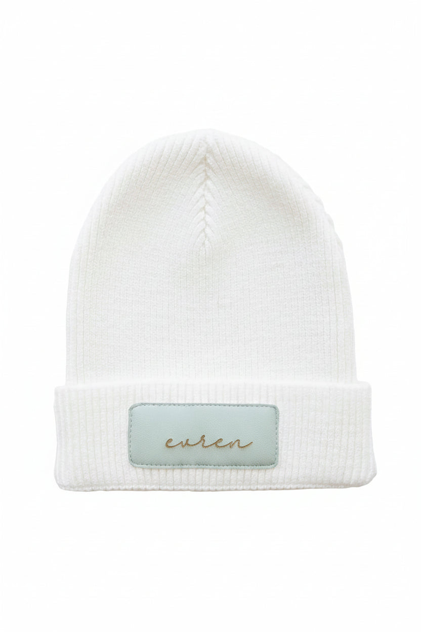 green script leather patch beanie 