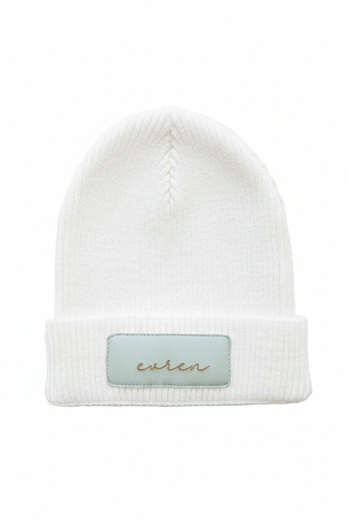 green script leather patch beanie 