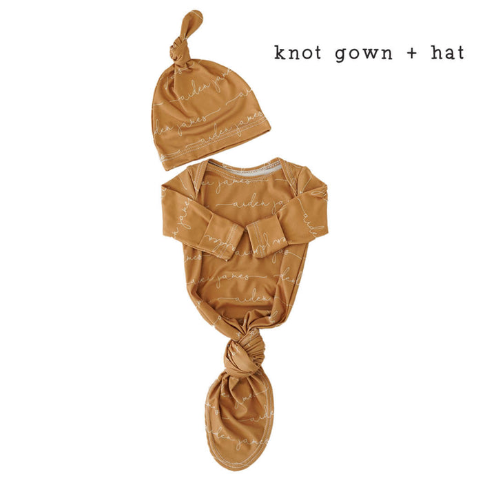 mustard personalized knot gown and hat 