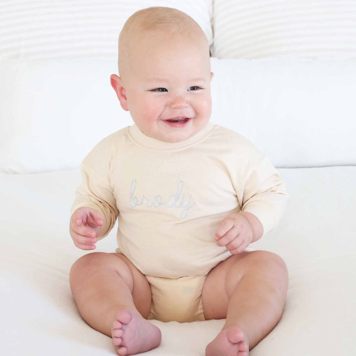 name embroidered long sleeve bubble romper 