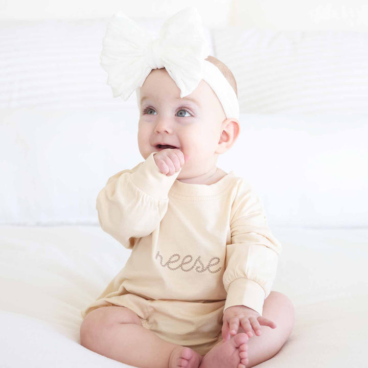 long sleeve embroidered name romper neutral thread 