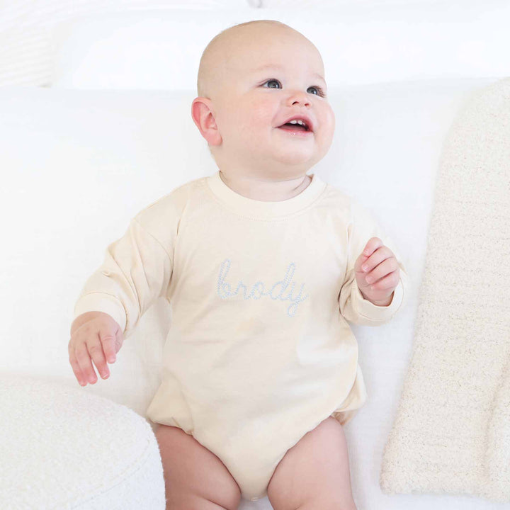 name embroidered bubble romper for baby boys 