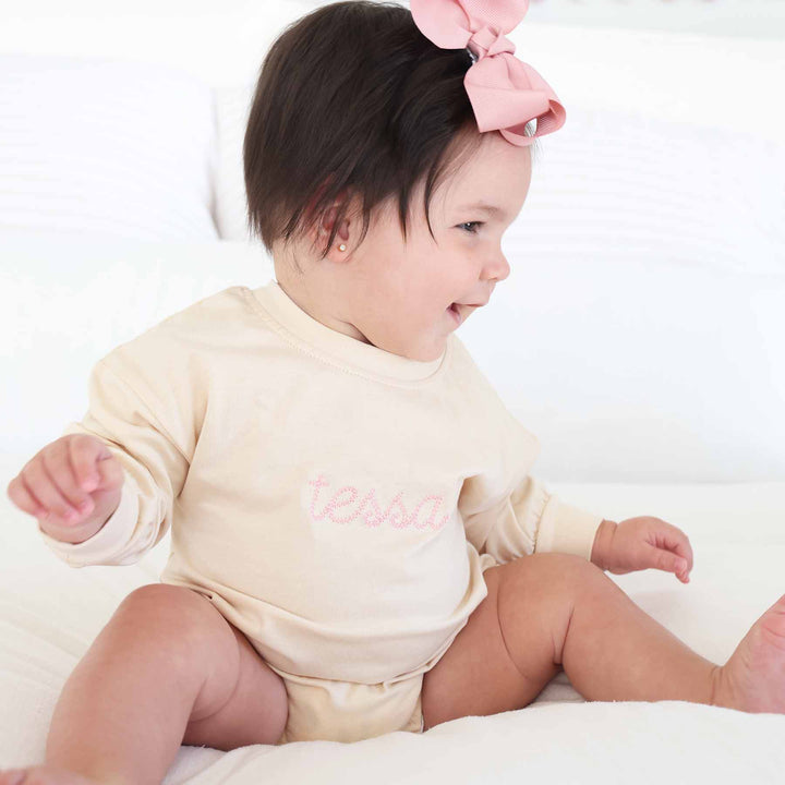 long sleeve tshirt bubble romper for babies with light pink thread 