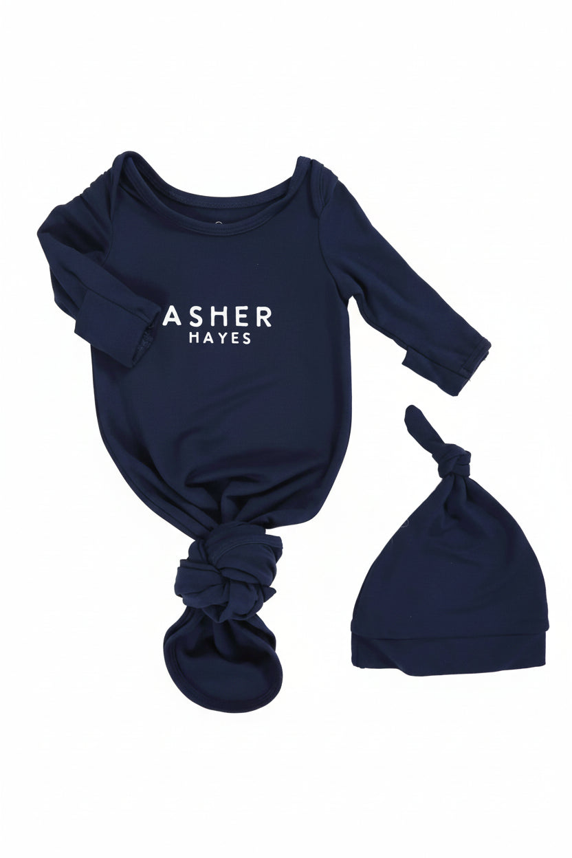 Boy Personalized Bamboo Newborn Baby Knot Gown & Hat