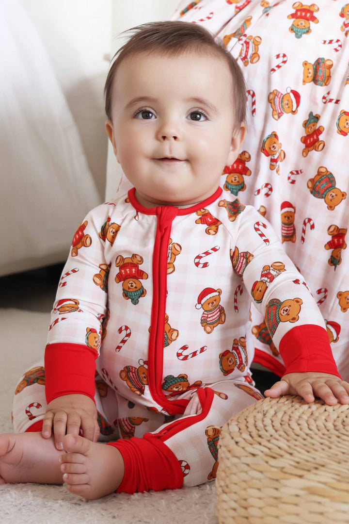 christmas sweater teddy bear and candy cane christmas zip romper pajama for babies and toddlers