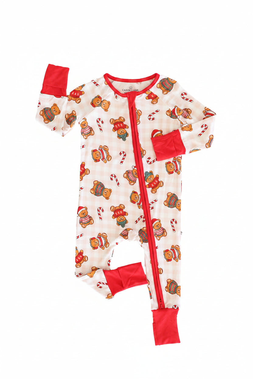 neutral gingham christmas sweater teddy bears and candy cane convertible zip romper pajama for babies and toddlers 