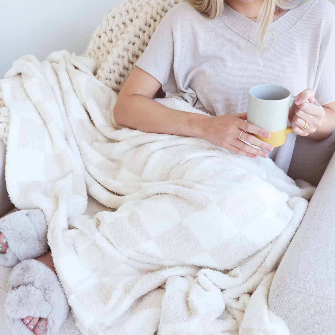 neutral check throw blanket microfiber