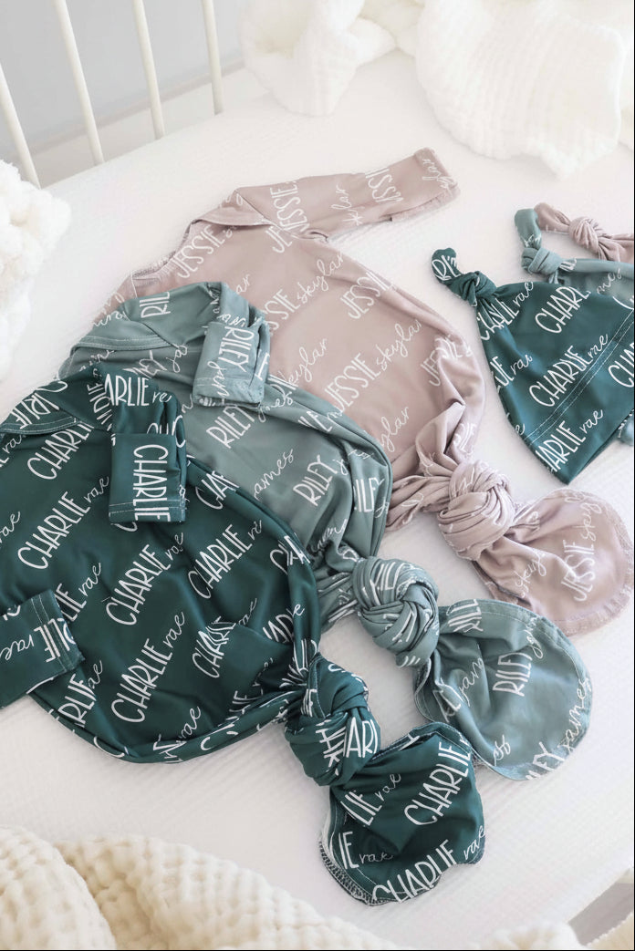 green and neutral personalized knot gown and hats for newborns