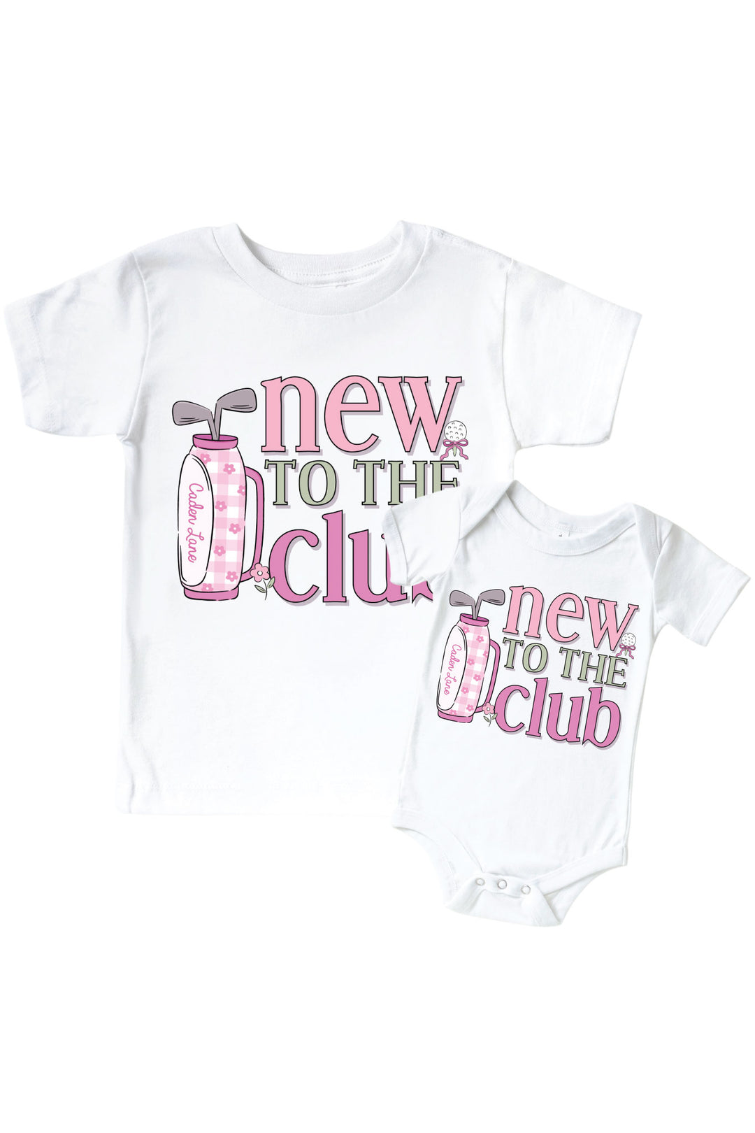 golf new to the club graphic bodysuit and kids tee set in white with pink print, caddie crew collection