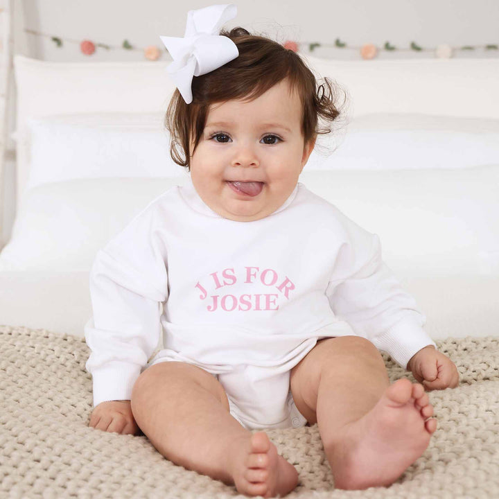 Personalized Pink My Name Graphic Sweatshirt Bubble Romper | White
