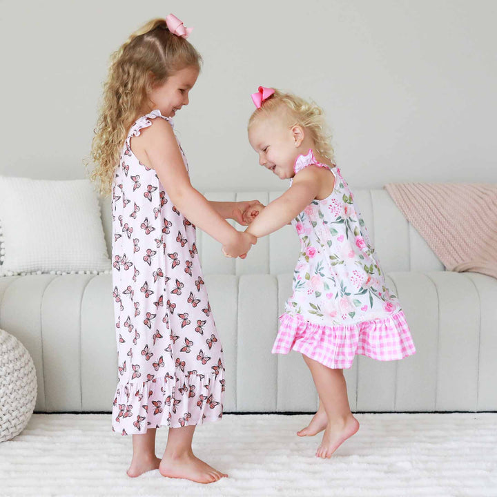 pink floral nightgown with gingham trim sleeveless with ruffles 
