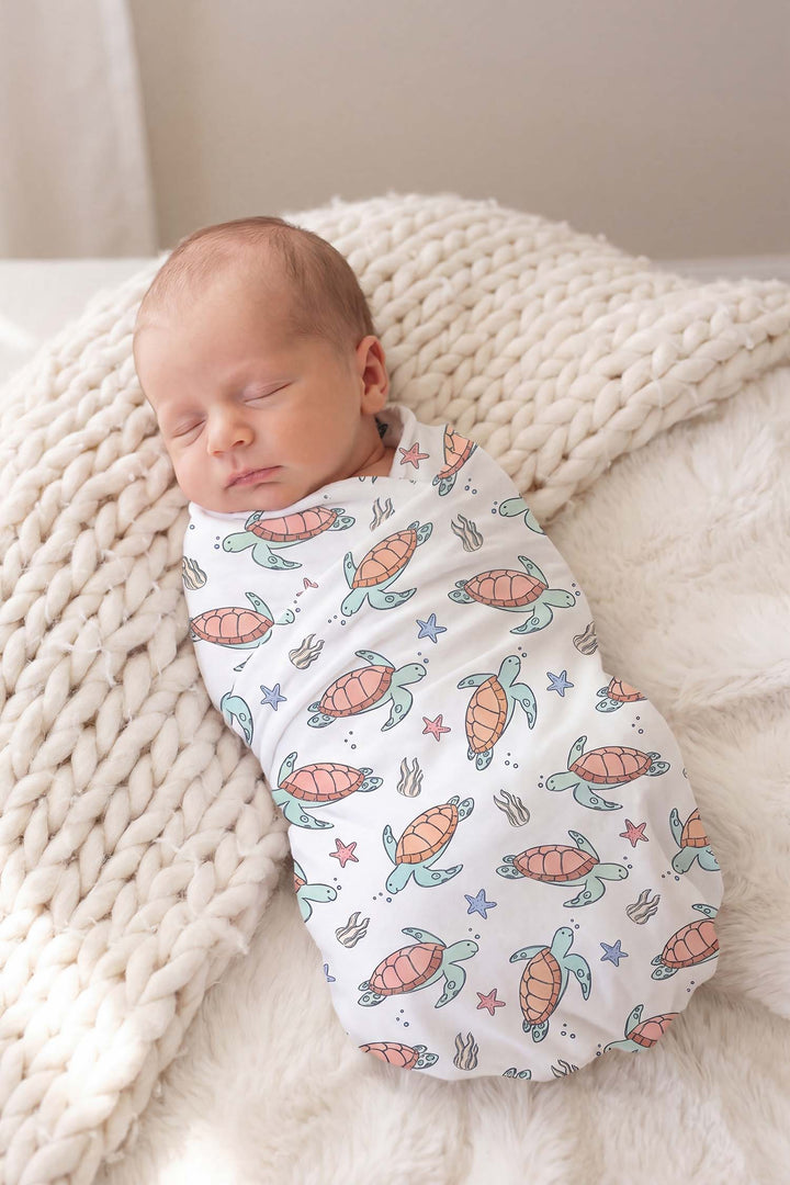 oversized swaddle blanket with turtley rad turtle print in soft bamboo