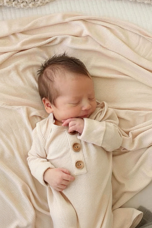 tan newborn knot gown and hat set 