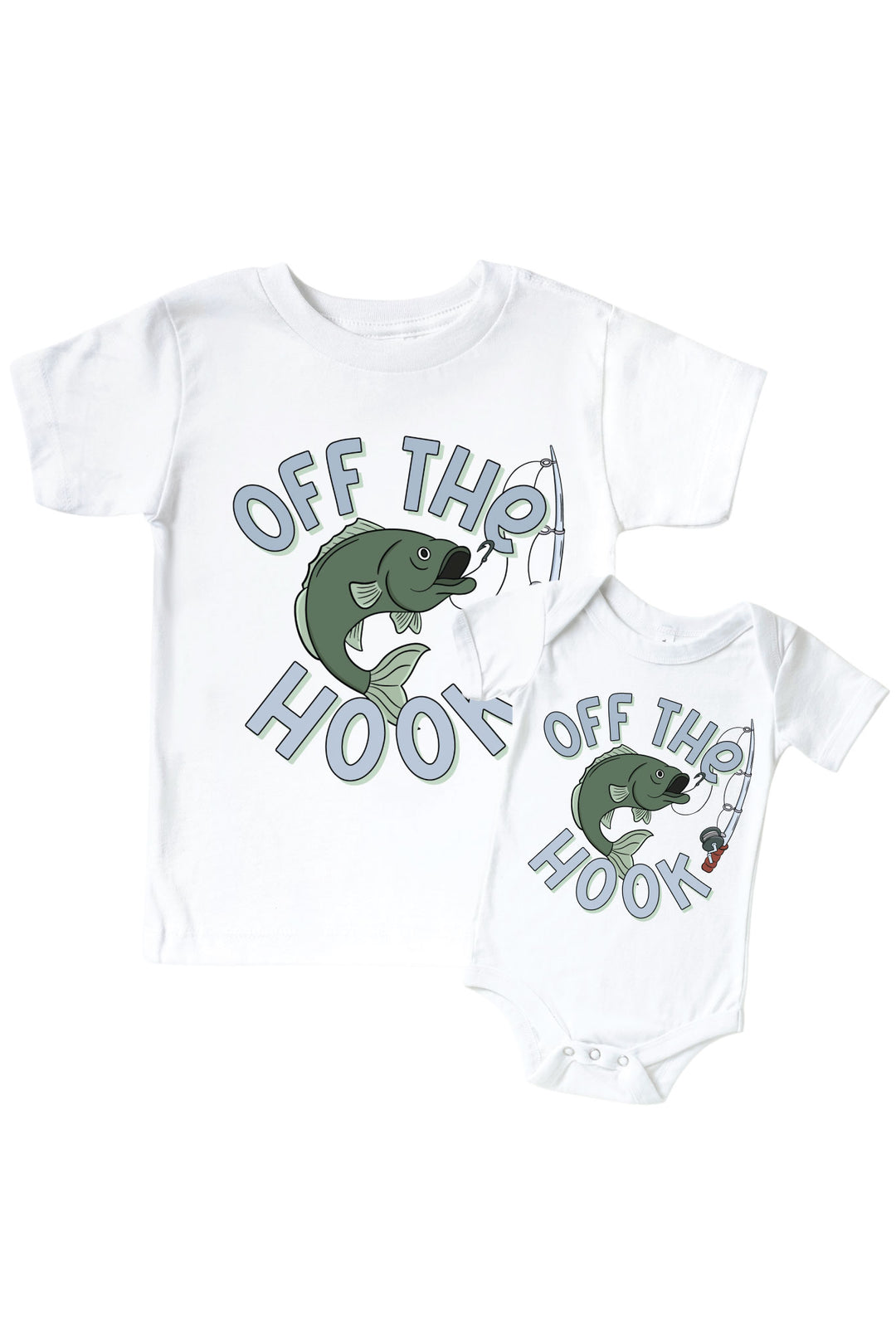 Off The Hook kids graphic tee and bodysuit set with fish hooking graphic flat lay on white background