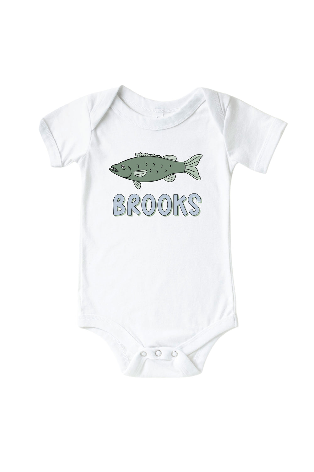 Personalized Off The Hook bodysuit with fish print and custom name flat lay on white background