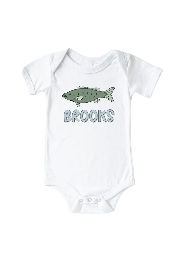 Personalized Off The Hook bodysuit with fish print and custom name flat lay on white background