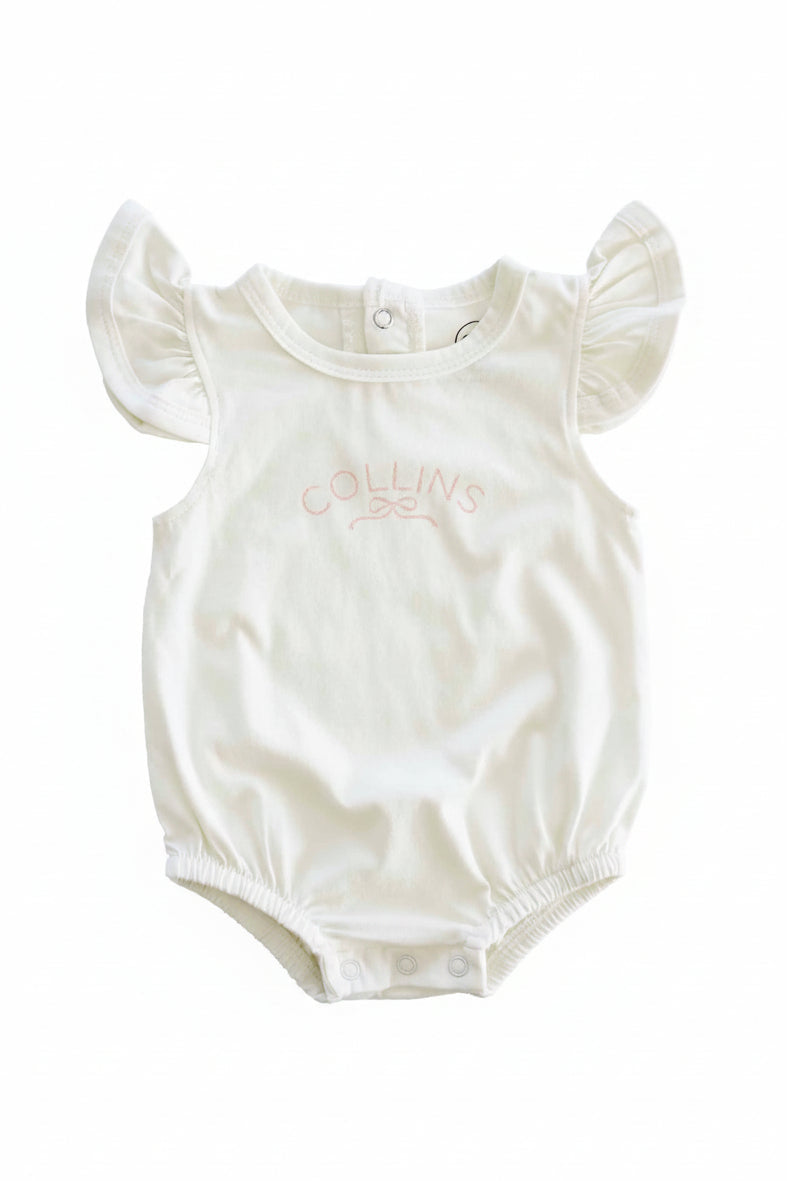 cream personalized ruffle sleeve romper 
