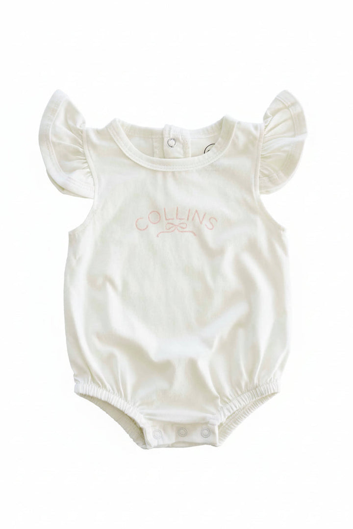 cream personalized ruffle sleeve romper 