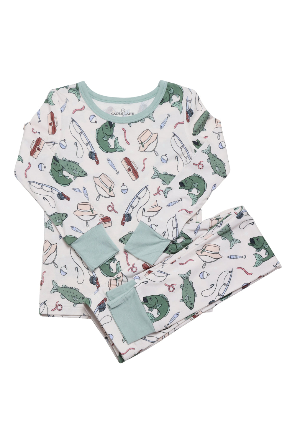 long sleeve and pant two piece pajama set fishing themed 