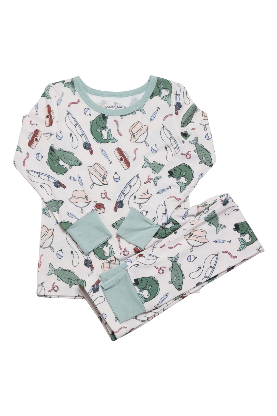 long sleeve and pant two piece pajama set fishing themed 