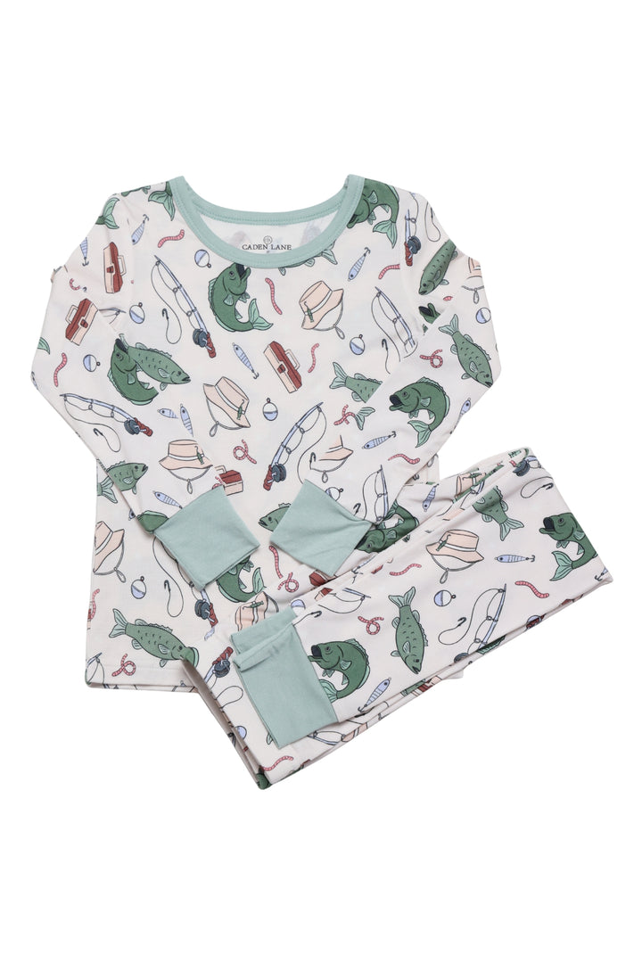 long sleeve and pant two piece pajama set fishing themed 