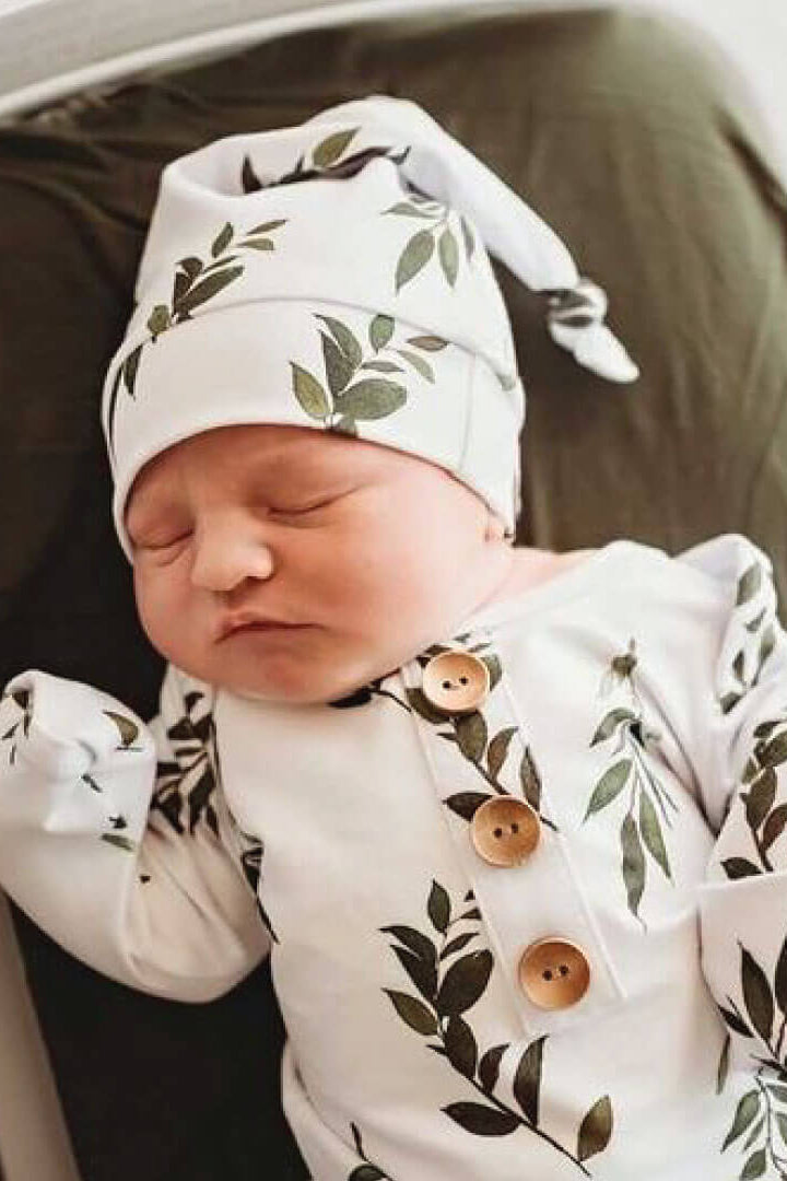 olive leaf newborn baby knot gown and hat set 