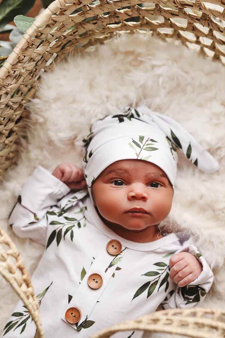 olive leaf newborn knot gown and hat set 